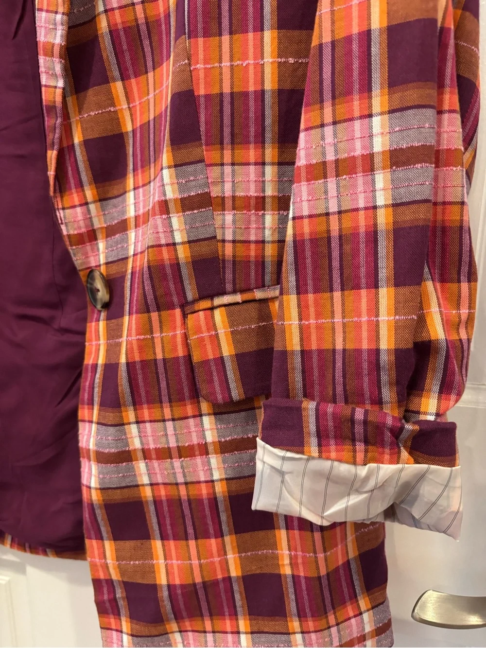 Anthropologie Plaid Blazer in Burgundy, Orange & Pink